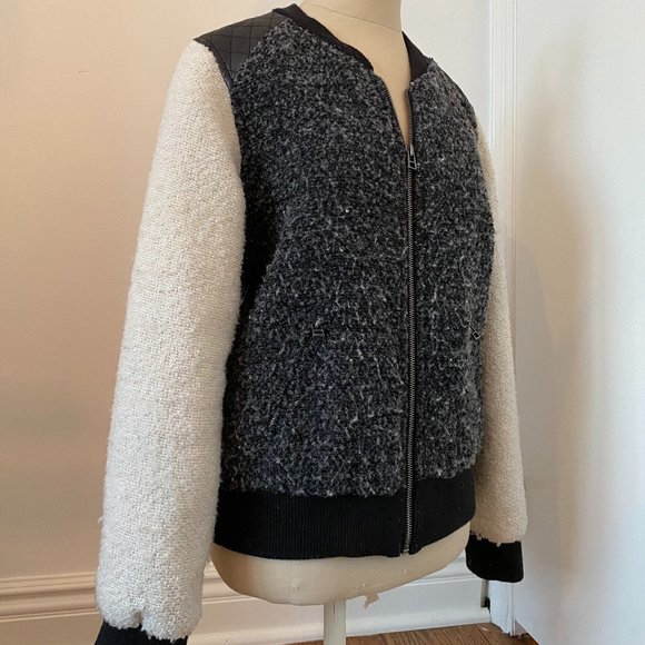 Black/White Tweed Bomber Jacket with Leather Shoulder - Size M - Picture 1 of 5